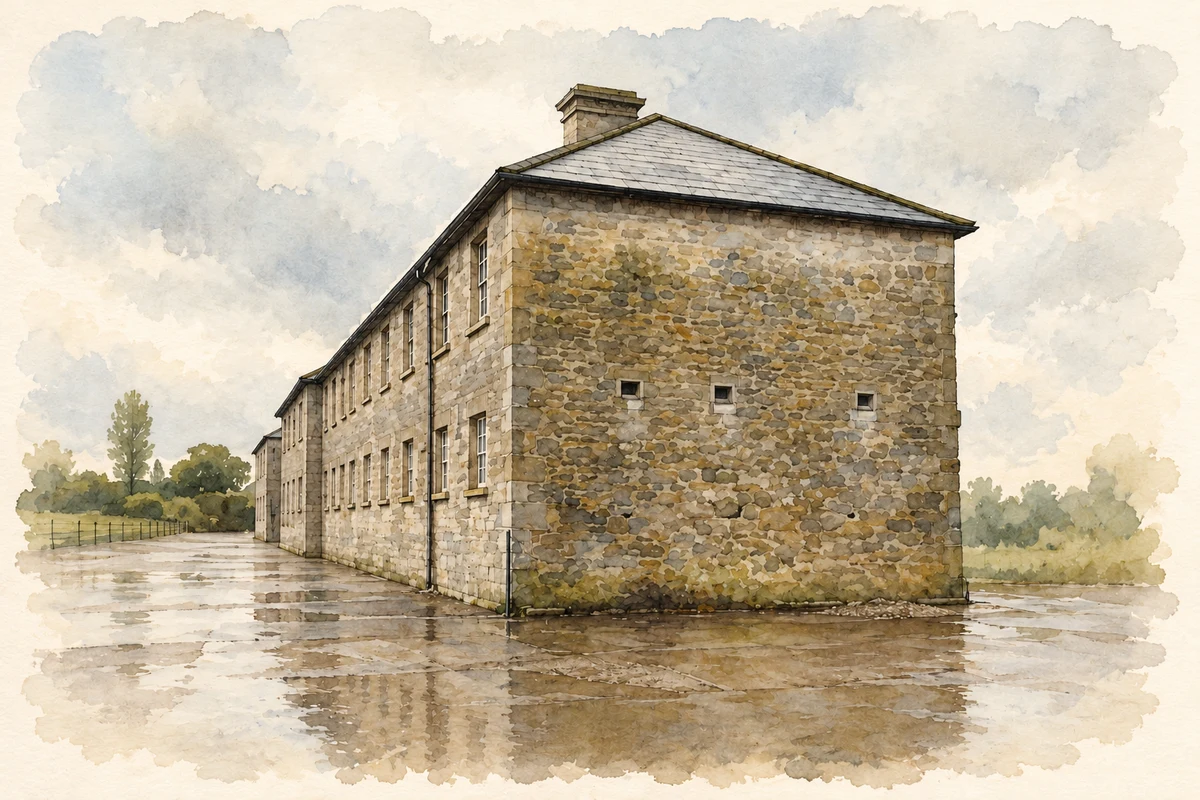 Watercolour and fine ink illustration of Donaghmore Union Workhouse entrance block, County Laois.