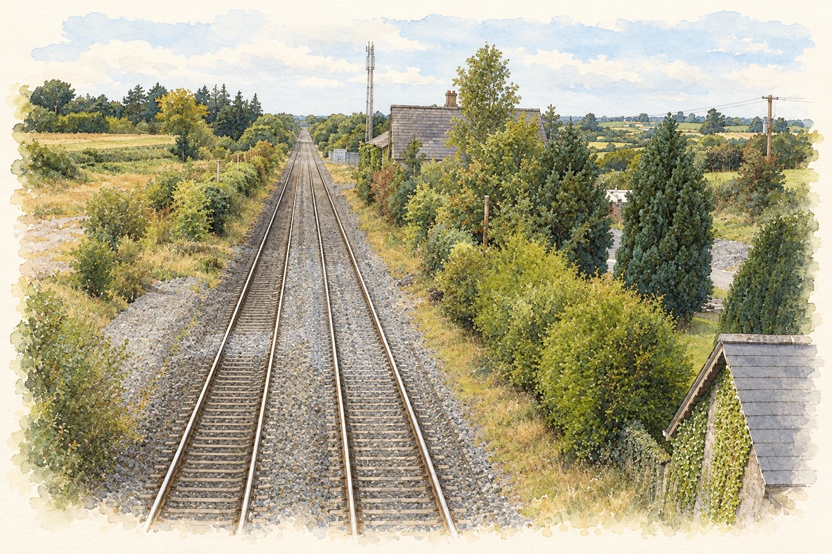 Watercolour and fine ink illustration of The railway at Kilbricken, as photographed in 2007.