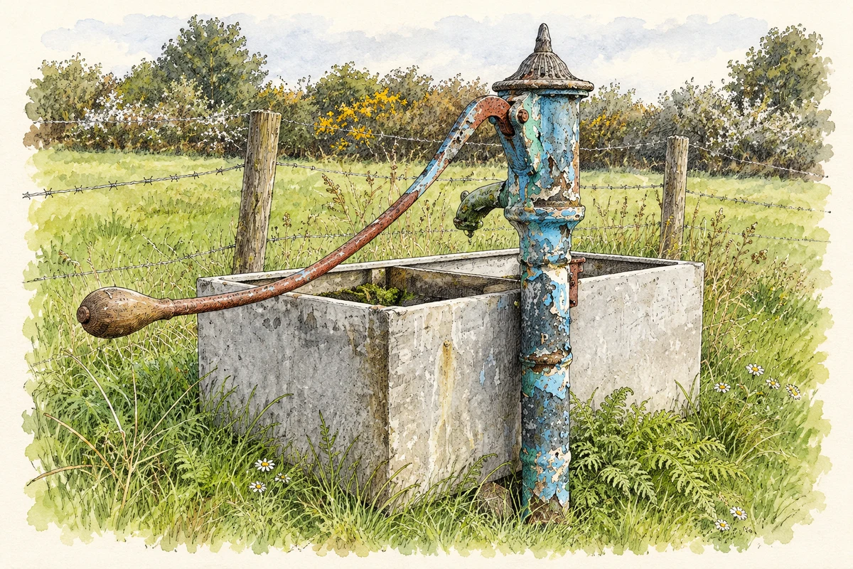 Watercolour and fine ink illustration of The old roadside pump at Monavea, as photographed in April 2022.