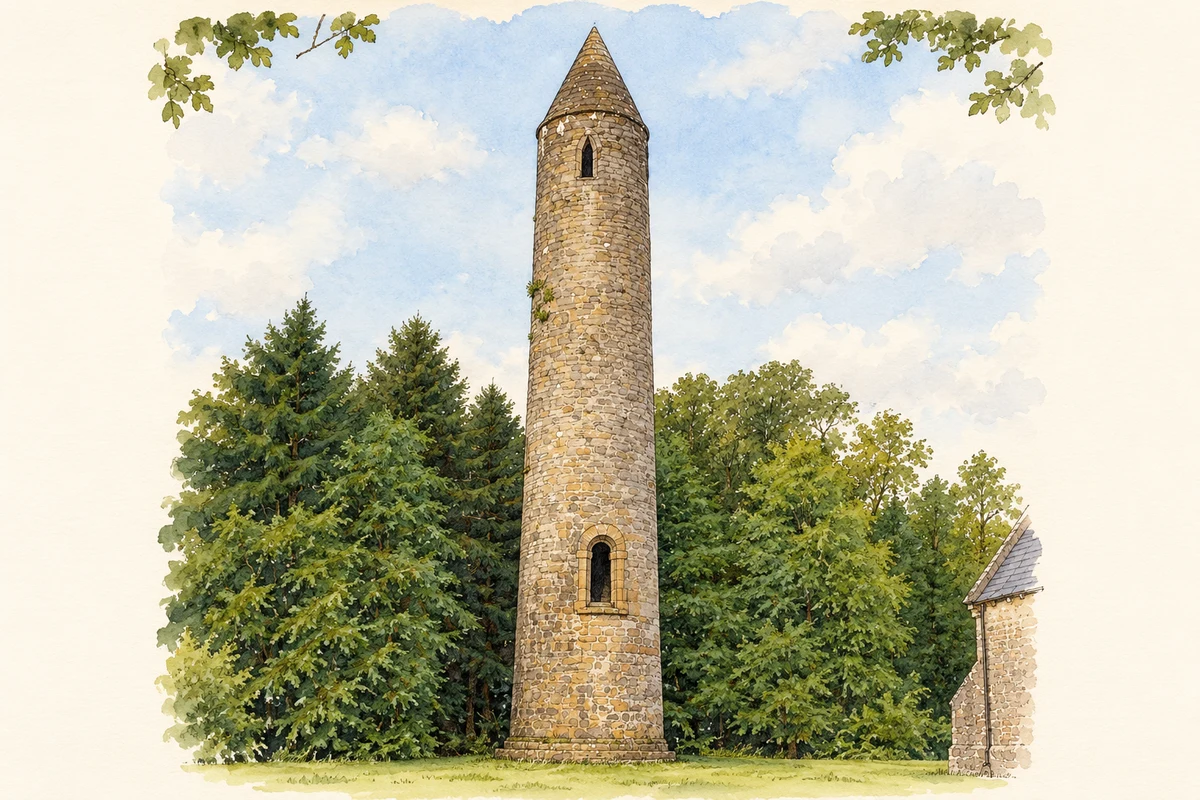Watercolour and fine ink illustration of Timahoe Round Tower, County Laois, as photographed in September 2008.