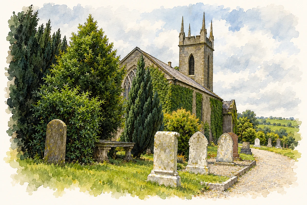 Watercolour and fine ink illustration of All Saints Church, Ballycarney, County Wexford.
