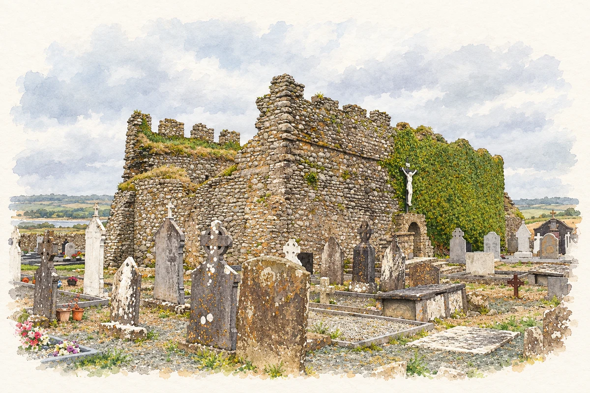 Watercolour and fine ink illustration of Surviving Saint Mary's medieval church and graveyard, Bannow.