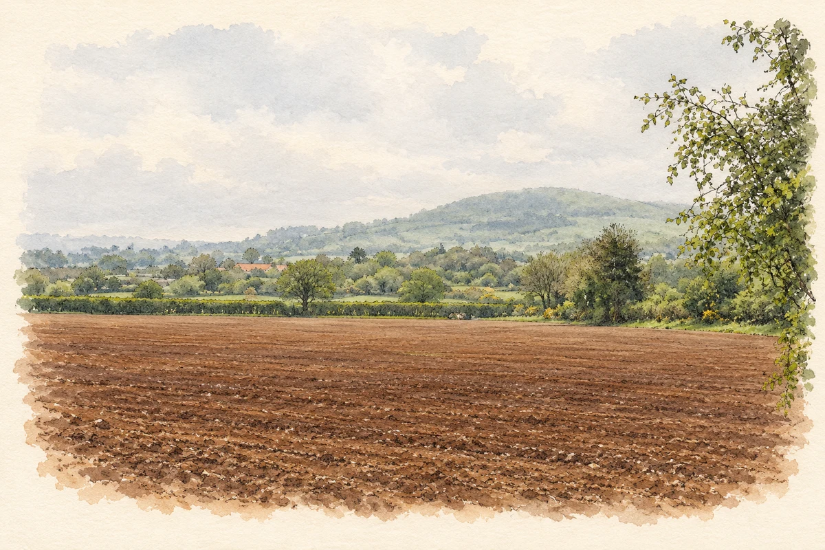 Watercolour and fine ink illustration of Bree Hill and the countryside west of Bree in Bree.