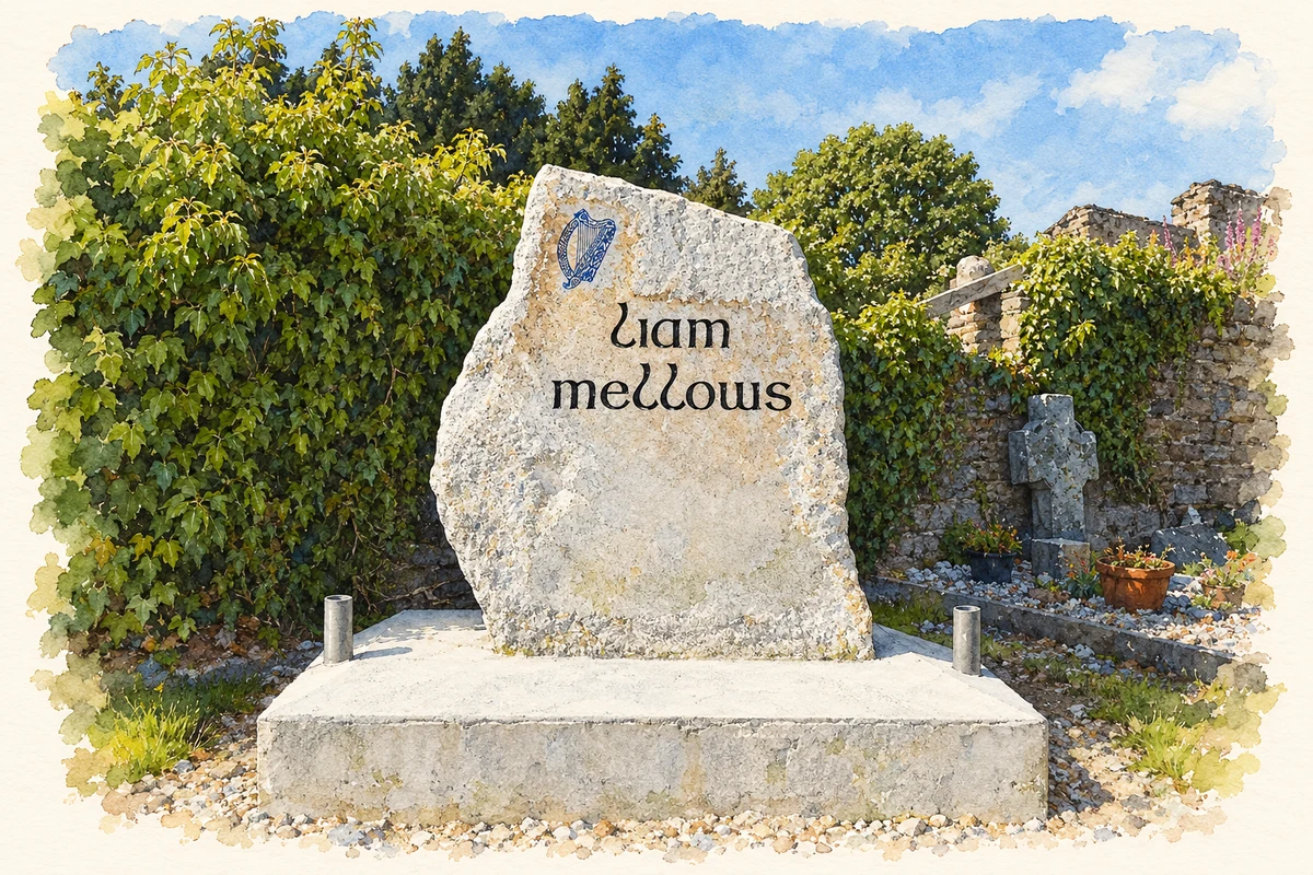 Watercolour and fine ink illustration of Liam Mellows grave memorial, Castletown, County Wexford.