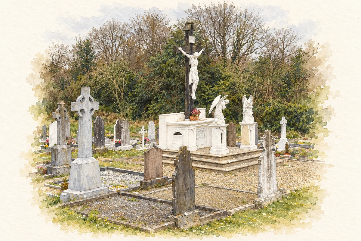 Watercolour and fine ink illustration of Calvary at Crossabeg old-church graveyard.