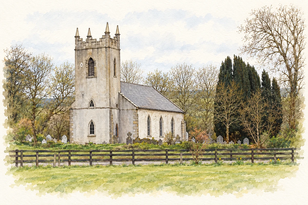 Watercolour and fine ink illustration of Killurin Church of Ireland, County Wexford.