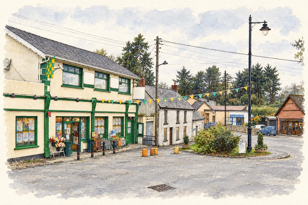 Watercolour and fine ink illustration of Kilmuckridge village centre, as photographed in 2007.
