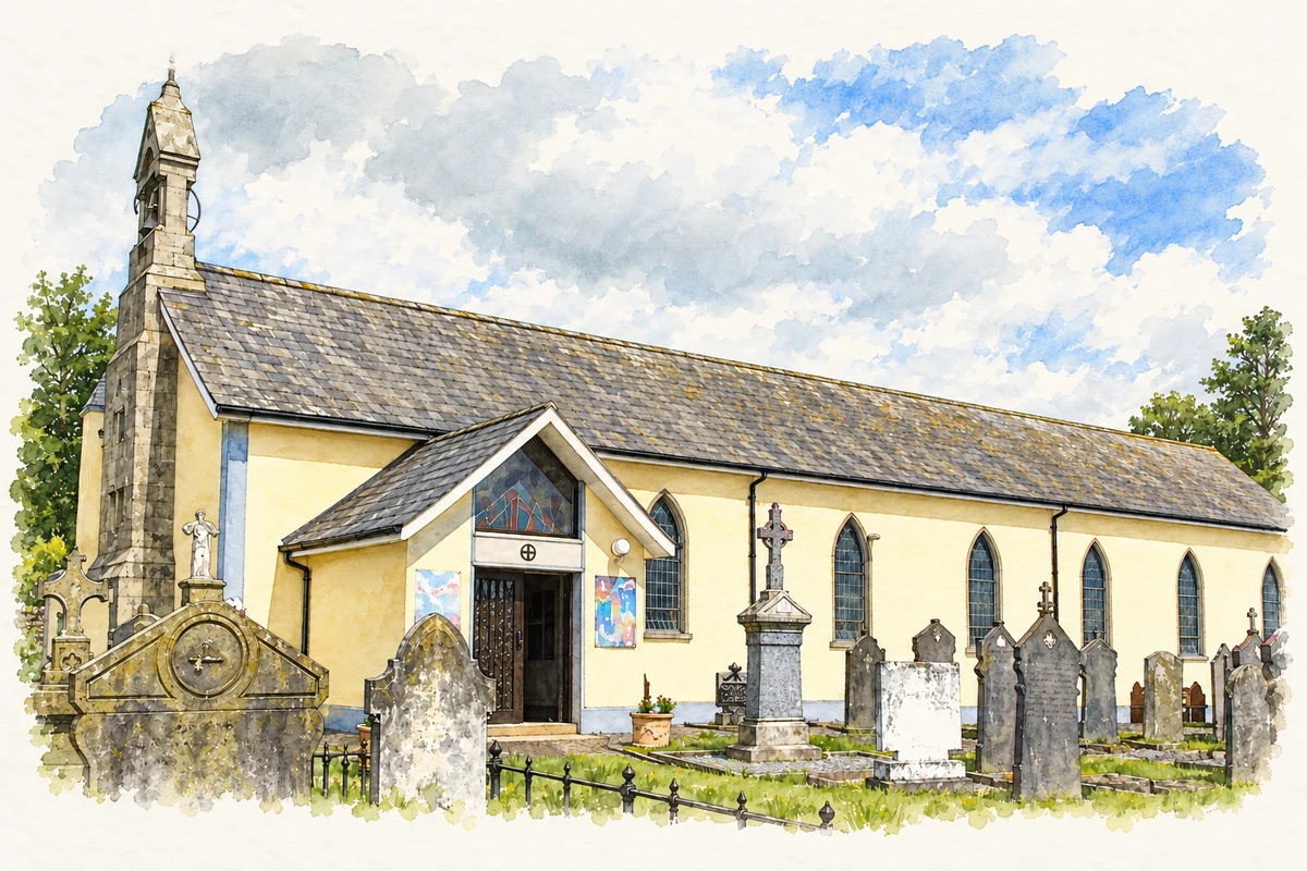 Watercolour and fine ink illustration of Saint Patrick and Saint Cecelia’s Church in Kiltealy, as photographed in 2007.