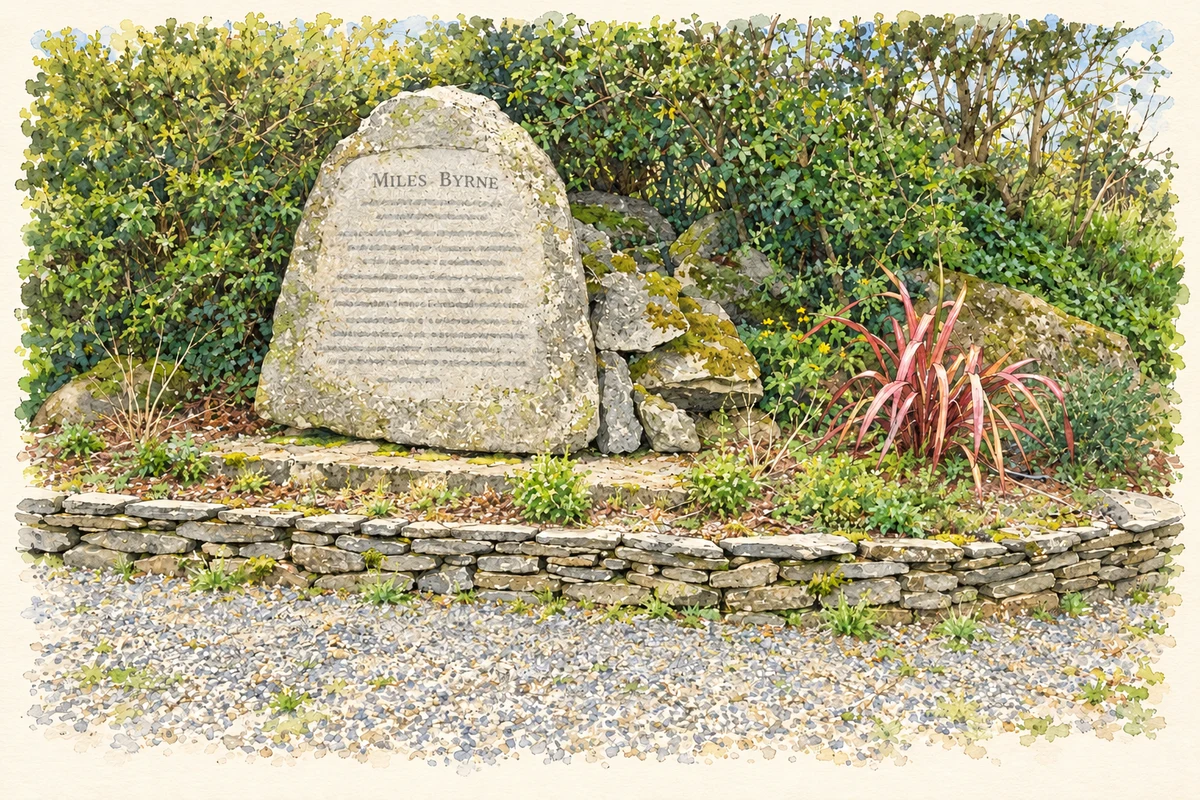 Watercolour and fine ink illustration of The Myles Byrne monument at Monaseed, as photographed in April 2009.