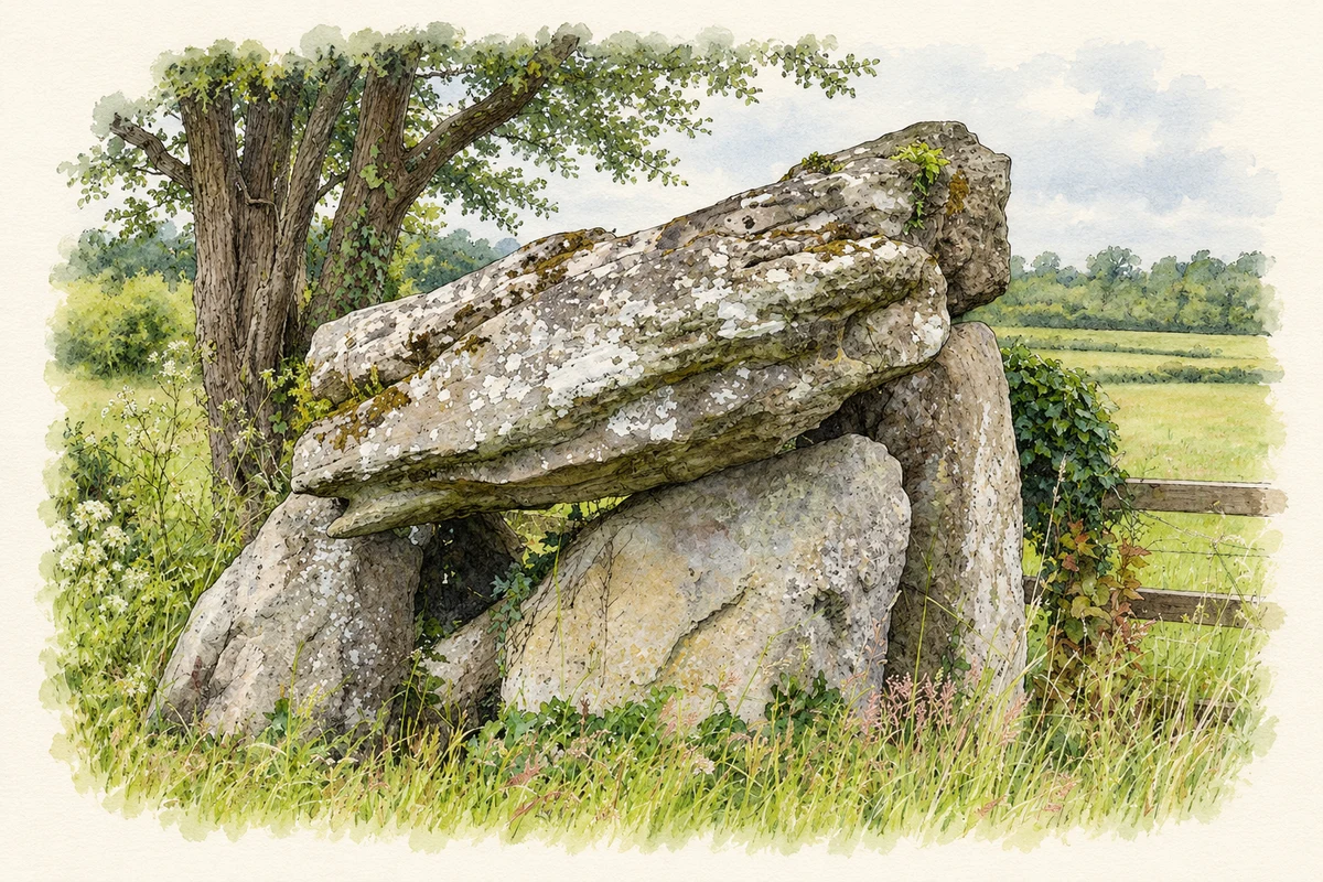 Watercolour and fine ink illustration of Annaghmore portal tomb, County Leitrim.