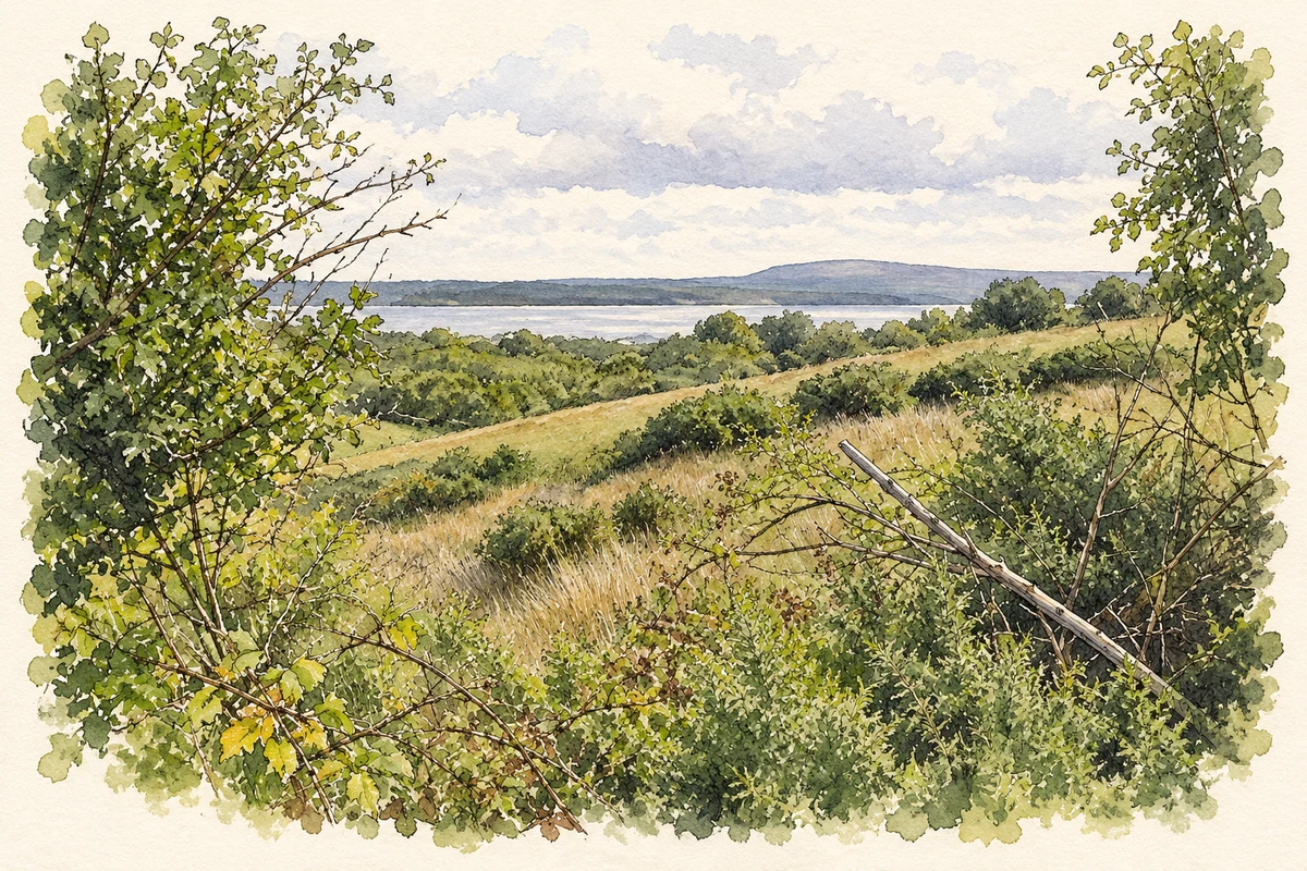 Watercolour and fine ink illustration of Lough Melvin viewed from Buckode.