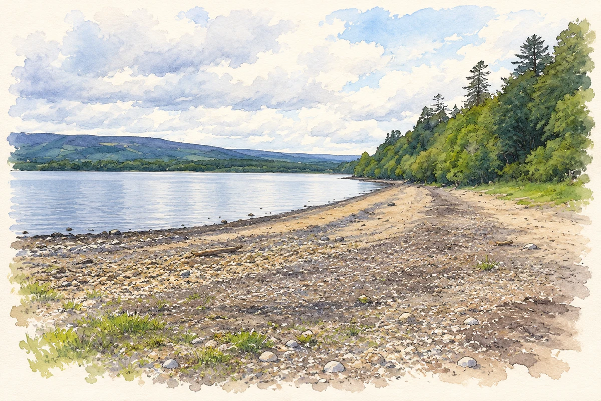 Watercolour and fine ink illustration of Corry Strand, Lough Allen.