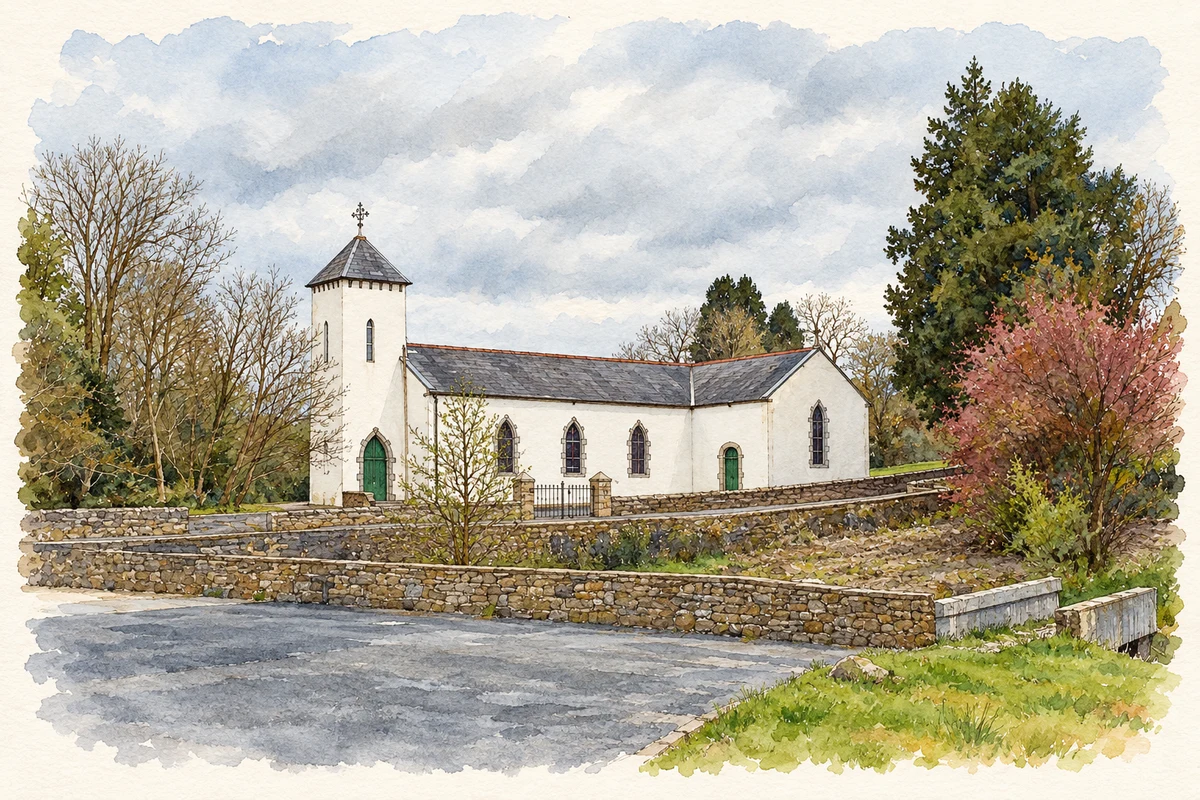 Watercolour and fine ink illustration of Saint Brigid’s Catholic Church, Drumcong, as photographed in2007.