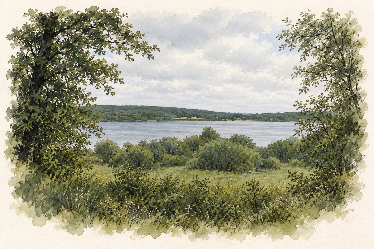 Watercolour and fine ink illustration of Keshcarrigan Lake.