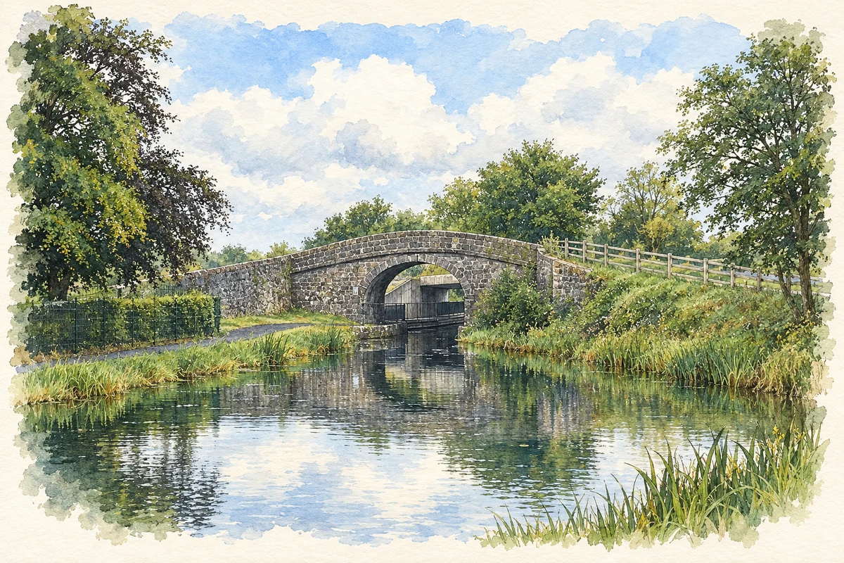 Watercolour and fine ink illustration of Ballinea Bridge over the Royal Canal, Ballina, County Westmeath.