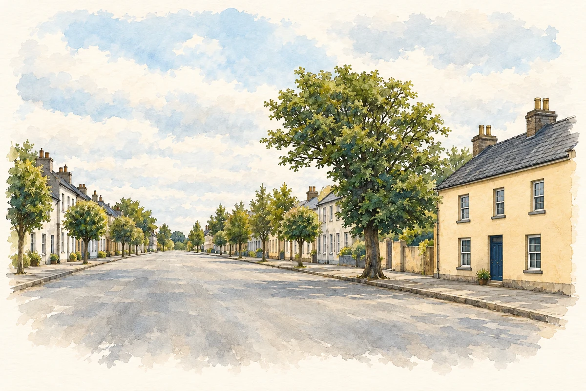 Watercolour and fine ink illustration of Main Street, Clonmellon.