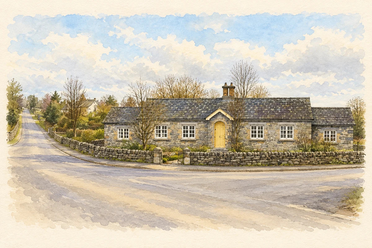 Watercolour and fine ink illustration of Old schoolhouse, Glassan.