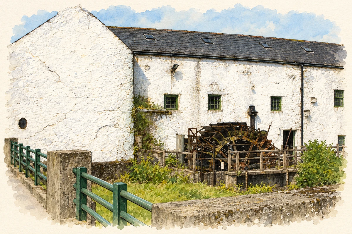 Watercolour and fine ink illustration of Waterwheel at Kilbeggan Distillery, County Westmeath.