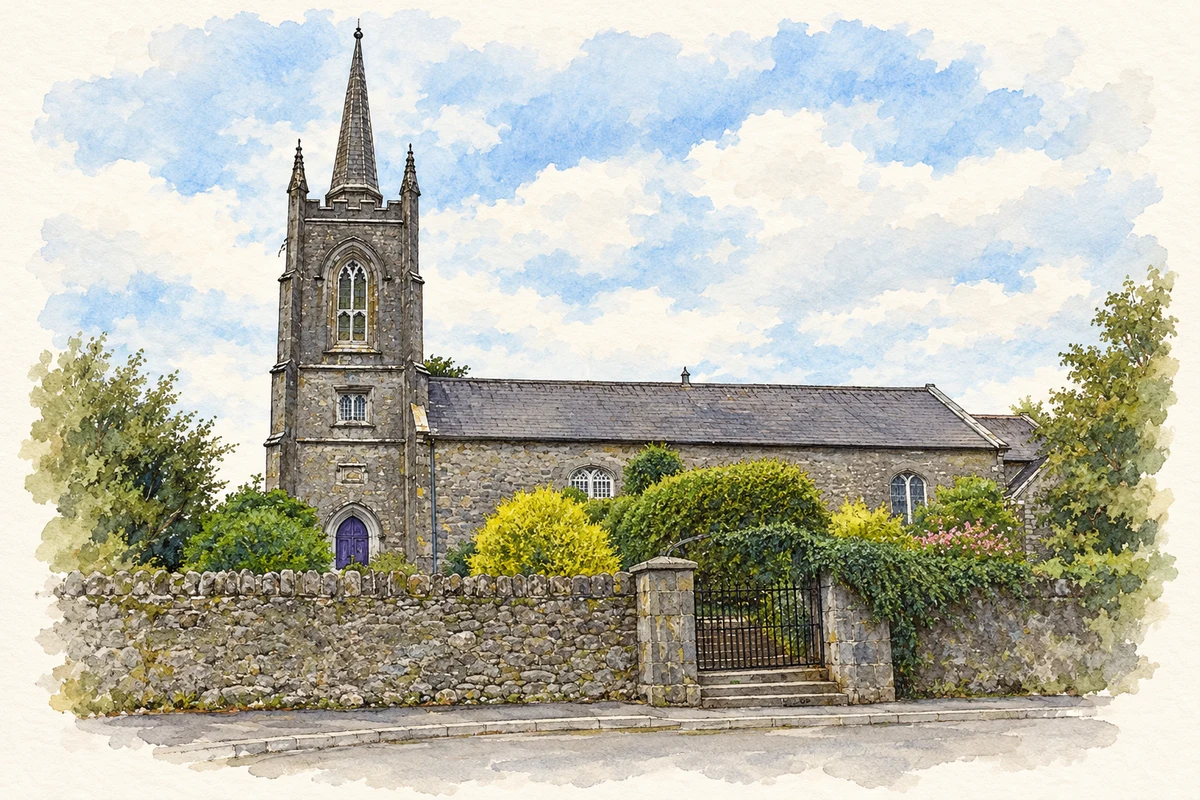 Watercolour and fine ink illustration of St Etchen's Church, Killucan.