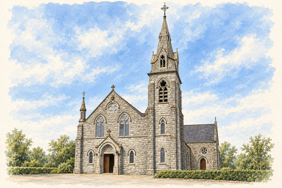 Watercolour and fine ink illustration of Saint Mary's Catholic Church, Kinnegad.