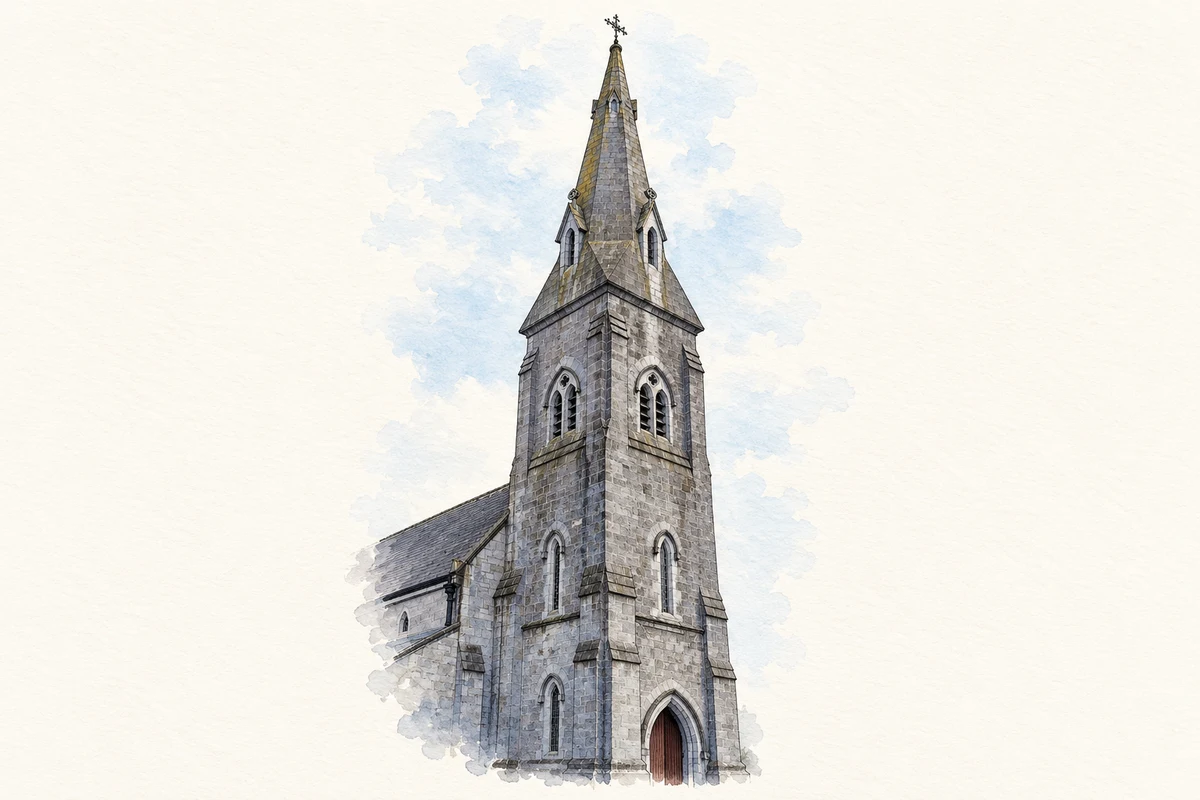 Watercolour and fine ink illustration of Tower of the Carmelite Church, Moate.