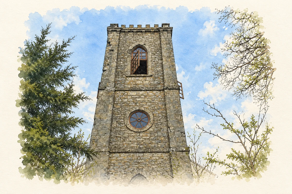 Watercolour and fine ink illustration of Tower of the former Church of Ireland church, Rochfortbridge.