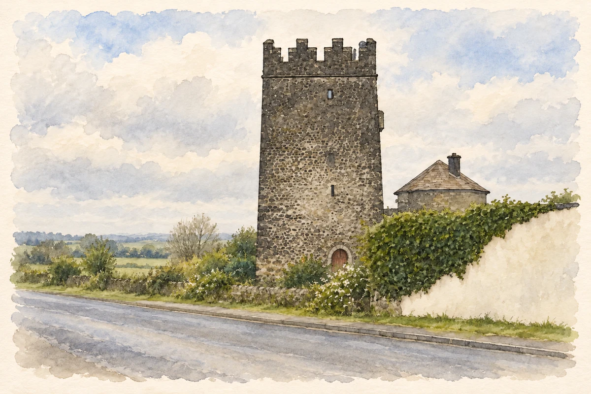 Watercolour and fine ink illustration of Tyrrellspass Castle.