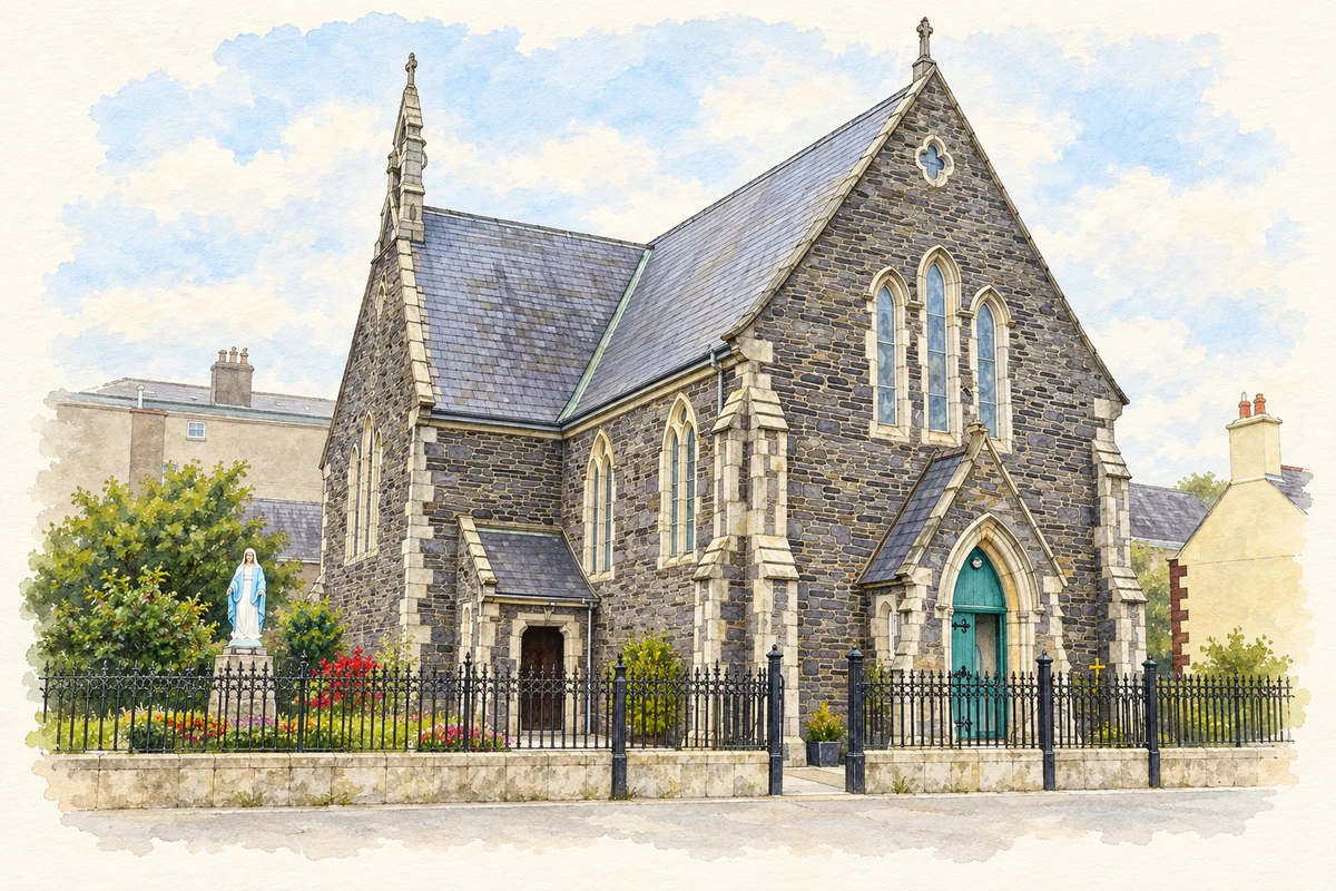 Watercolour and fine ink illustration of St Joseph’s Church, Newtown Mount Kennedy.