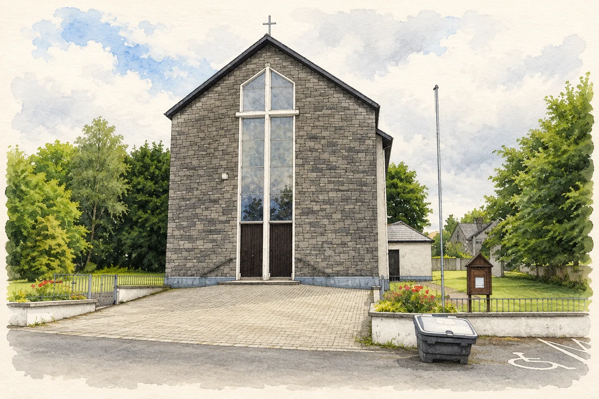 Watercolour and fine ink illustration of The Roman Catholic church at Killarga, as photographed in 2014.
