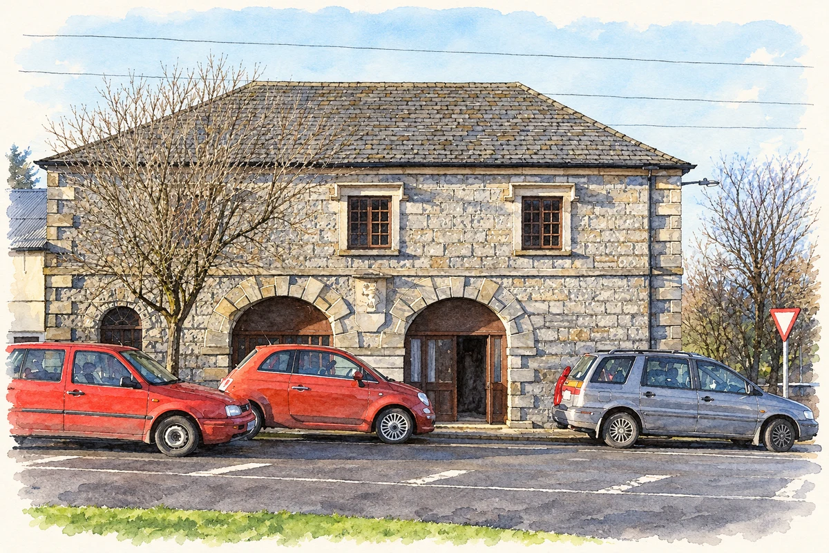 Watercolour and fine ink illustration of The former courthouse at Kiltyclogher, as photographed in 2009.