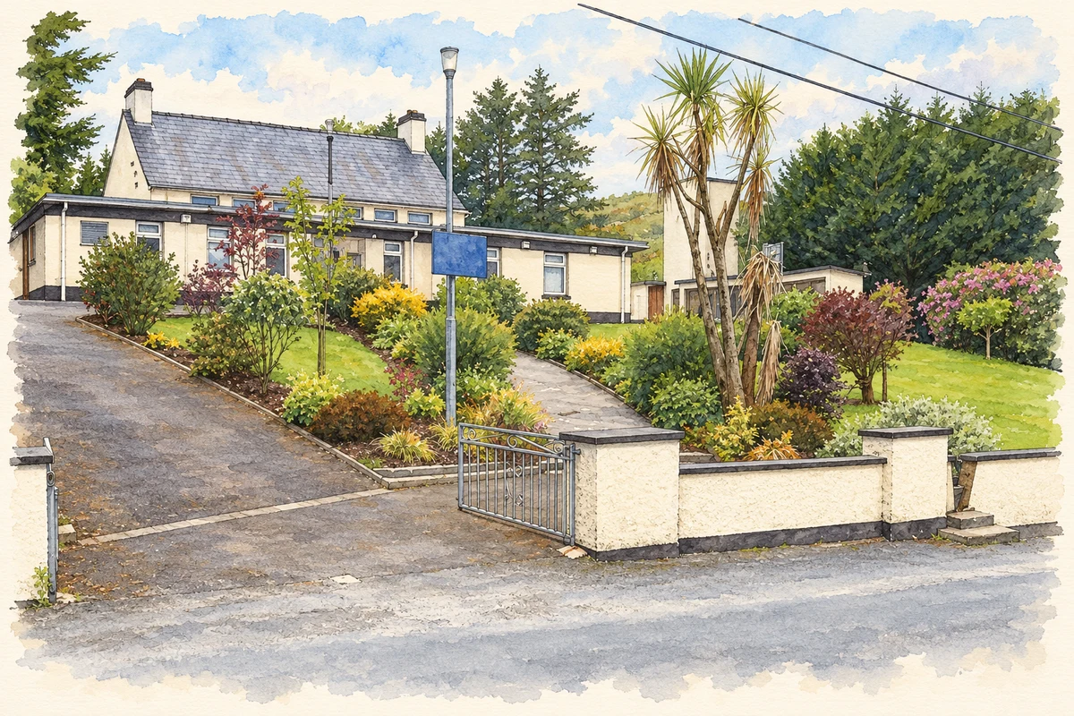 Watercolour and fine ink illustration of Leckaun School, as photographed in 2010.