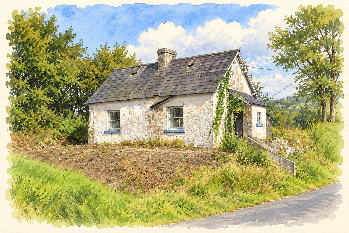 Watercolour and fine ink illustration of Cottage at Lissinagroagh, as photographed in September 2009.