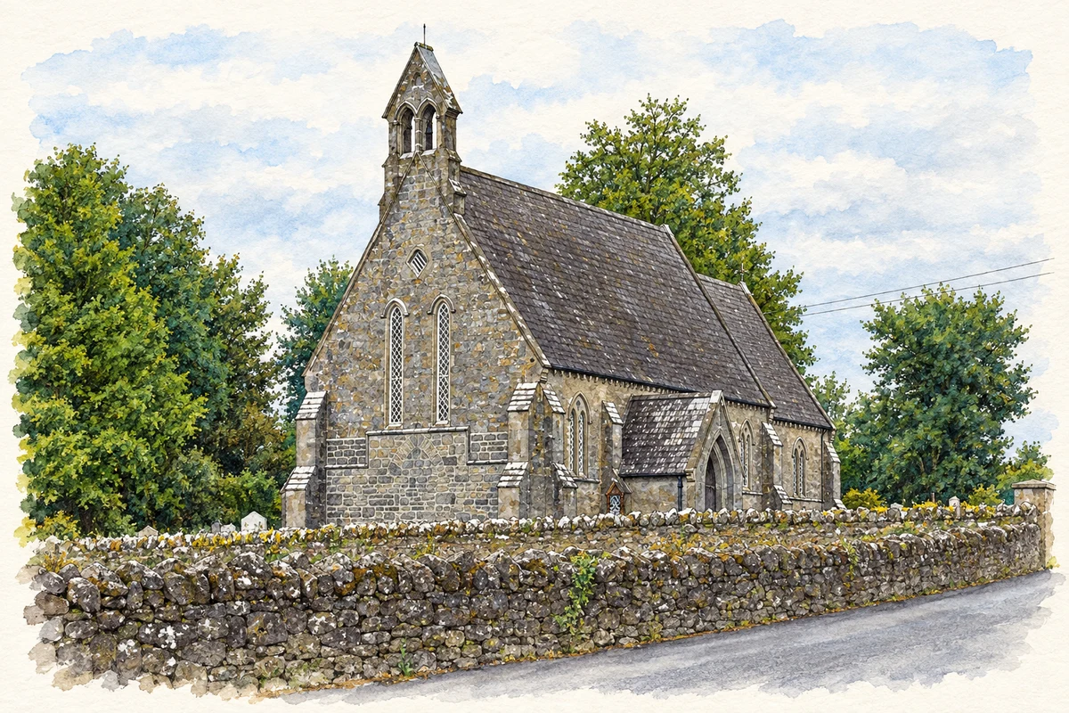 Watercolour and fine ink illustration of Saint Patrick’s church at Newtowngore, as photographed in July 2009.