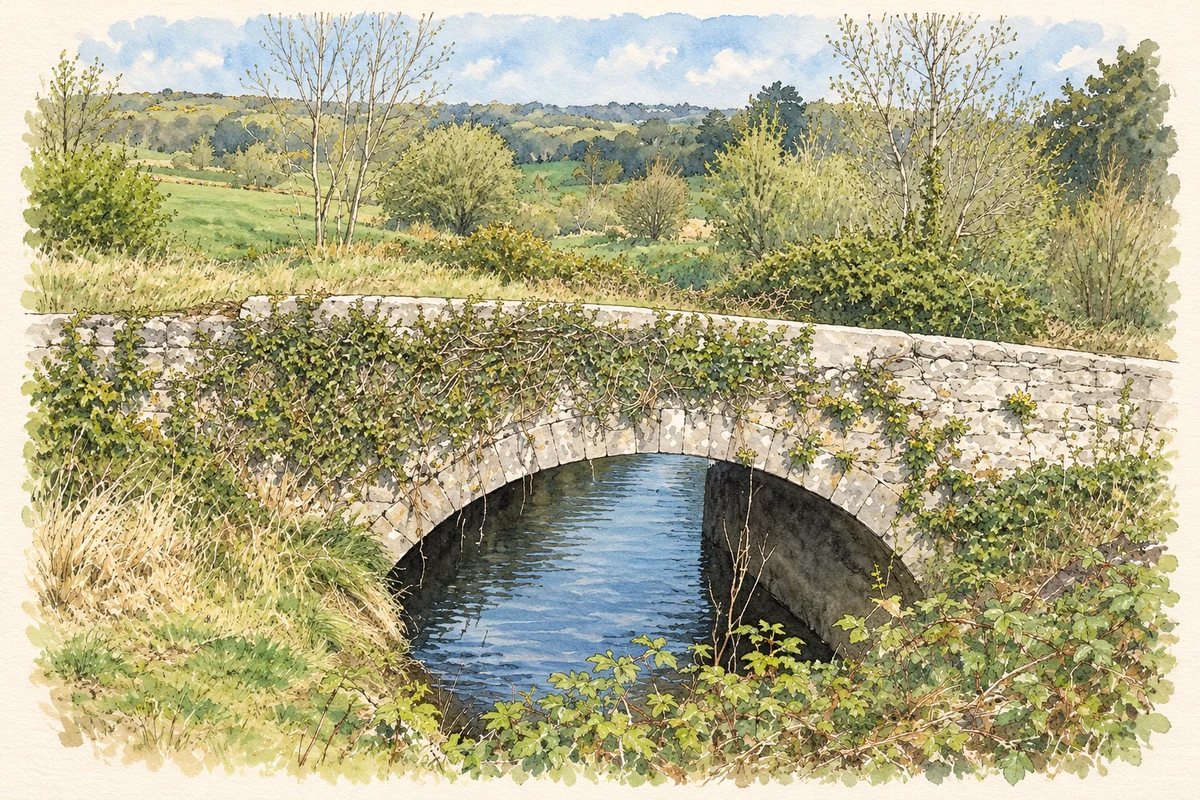 Watercolour and fine ink illustration of Old bridge over the Shanvaus River, County Leitrim, as photographed in May 2008.