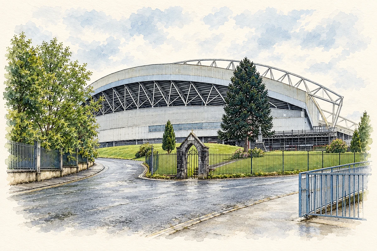 Watercolour and fine ink illustration of Thomond Park, Ballynanty Beg.