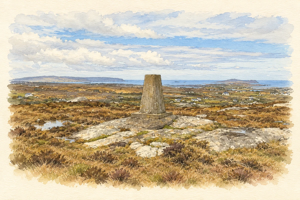 Watercolour and fine ink illustration of Westward view from Cnoc Anagaire above Annagary.