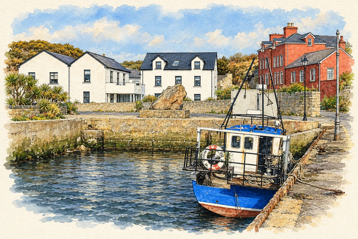 Watercolour and fine ink illustration of Burtonport harbour.