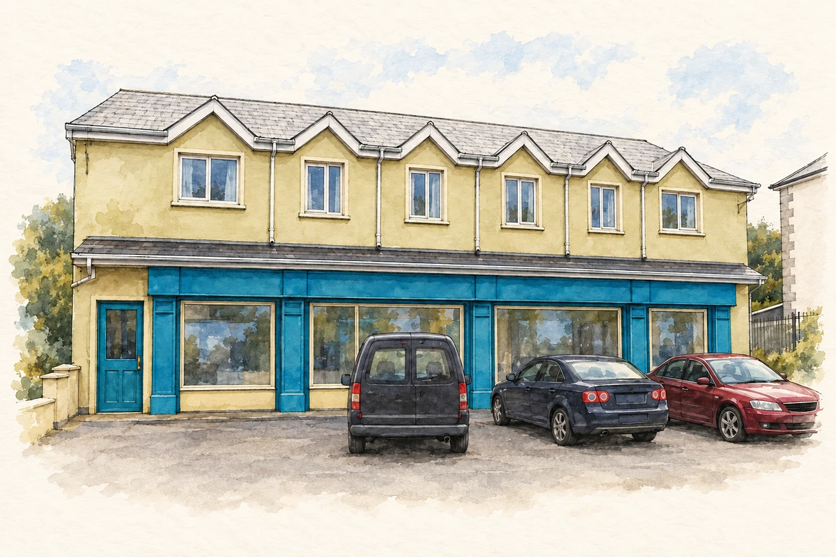 Watercolour and fine ink illustration of Kerrykeel post office and shop.