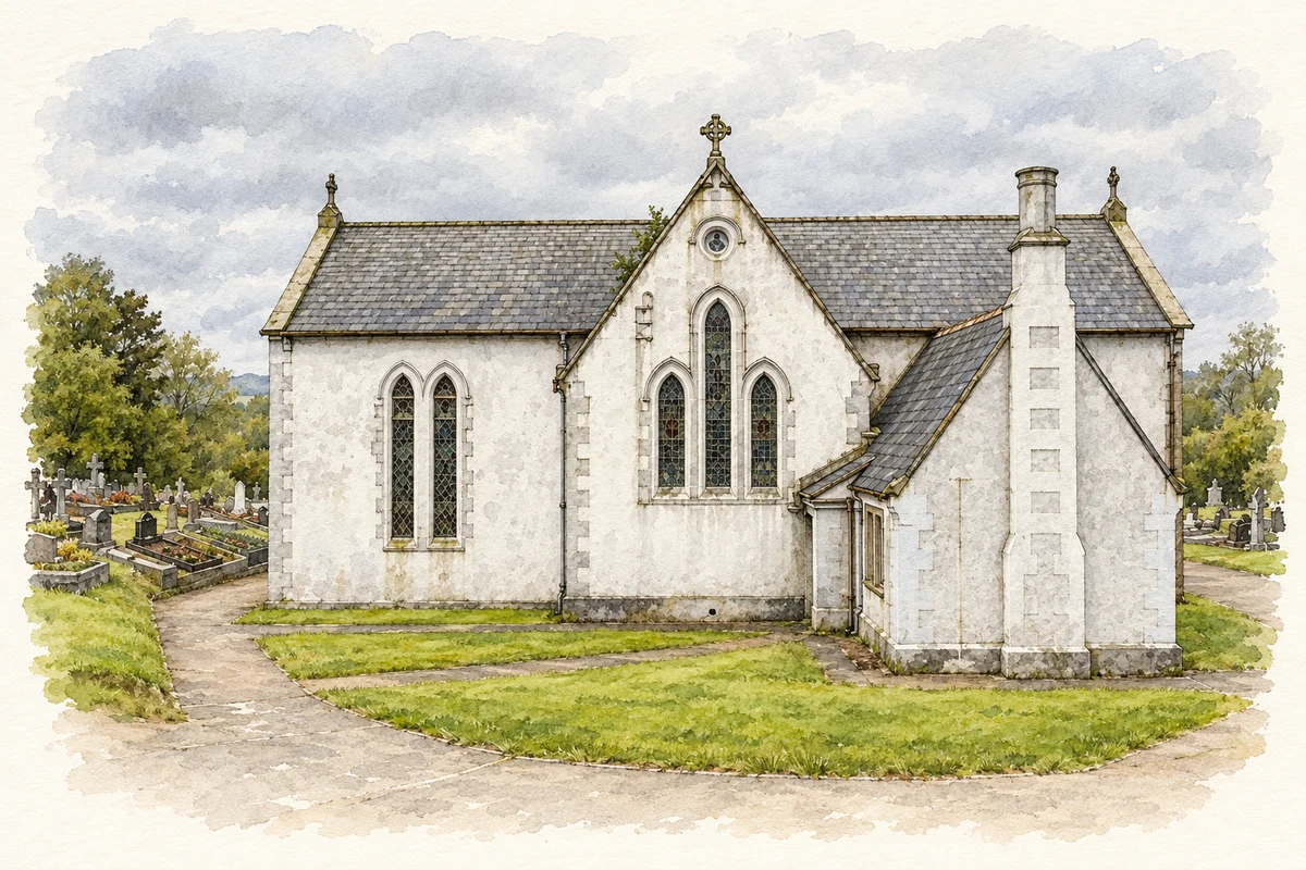 Watercolour and fine ink illustration of St Mary's old Church, Castlefinn.