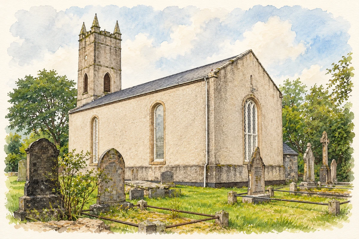Watercolour and fine ink illustration of St Buadan's Church, Culdaff.