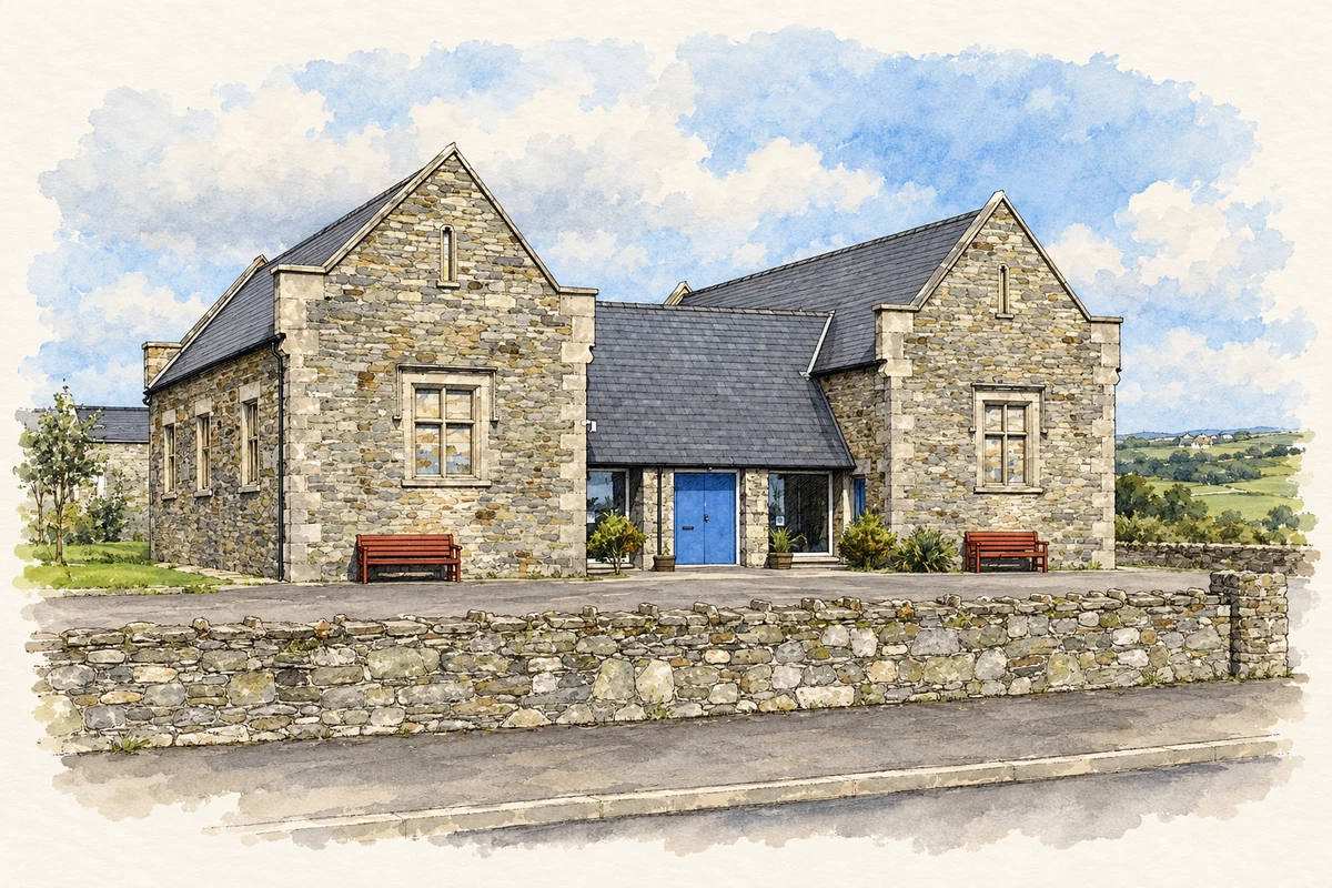 Watercolour and fine ink illustration of Surviving entrance block of Dunfanaghy Workhouse.