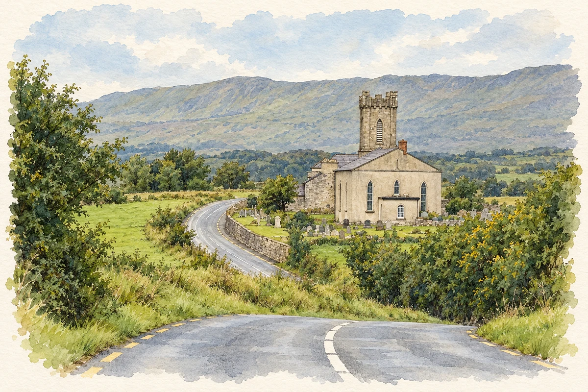 Watercolour and fine ink illustration of Saint Peter's Church, Beaugreen Glebe, Dunkineely.