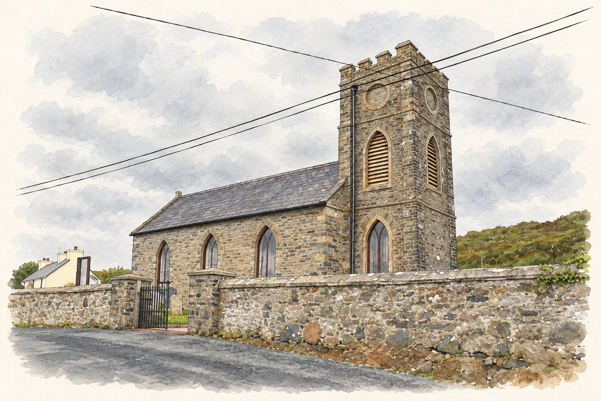 Watercolour and fine ink illustration of Inishkeel Parish Church at Naran, as photographed in May 2007.