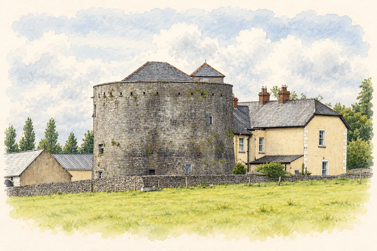 Watercolour and fine ink illustration of Rathurd Castle near Galvone, as photographed in 2015.