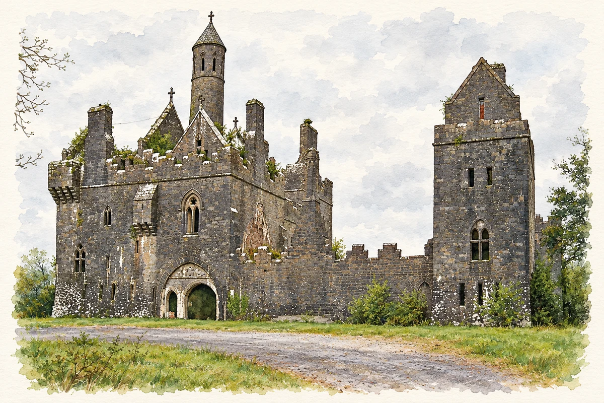 Watercolour and fine ink illustration of Dromore Castle remains, near Kildimo.