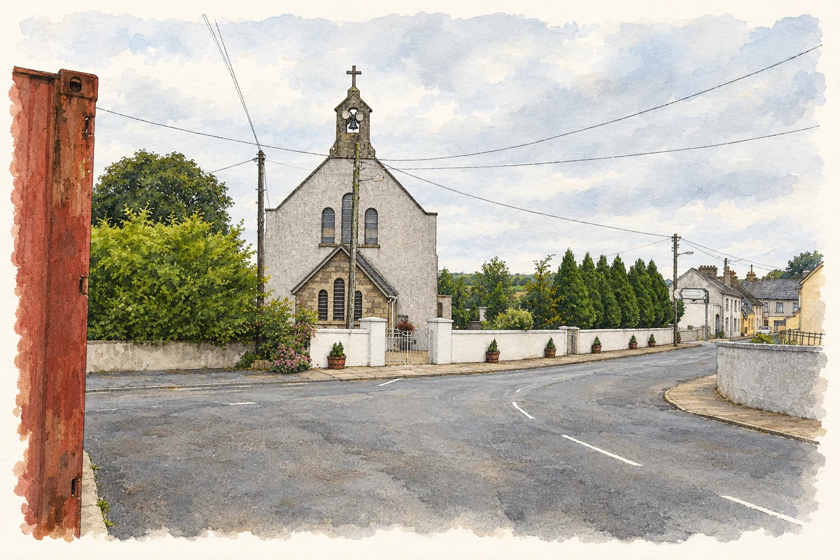 Watercolour and fine ink illustration of Saint Ita’s Church at Kilmeedy, as photographed in 2007.