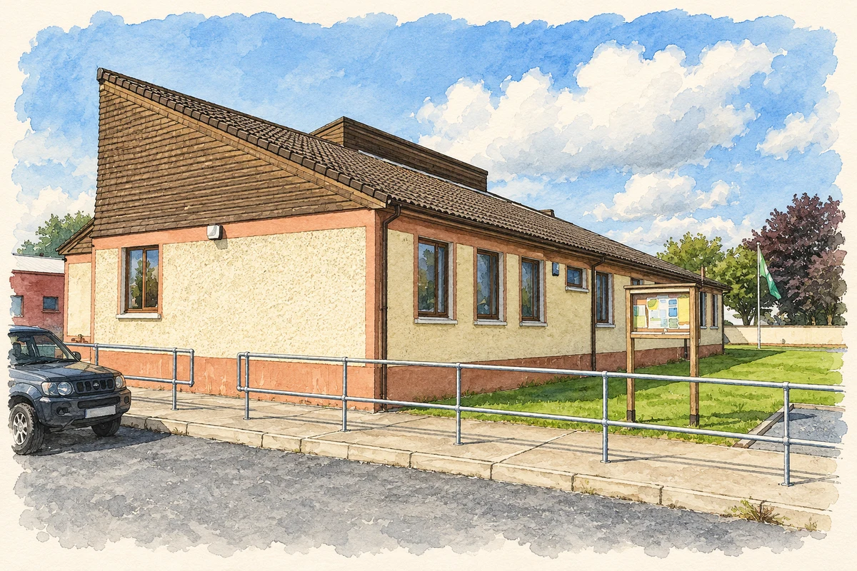 Watercolour and fine ink illustration of Lisnagry National School as photographed in August 2010.