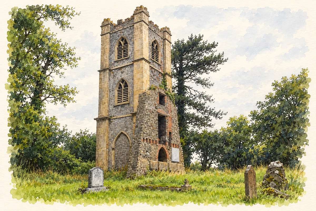 Watercolour and fine ink illustration of Surviving Church of Ireland tower near Loghill, as photographed in 2013.