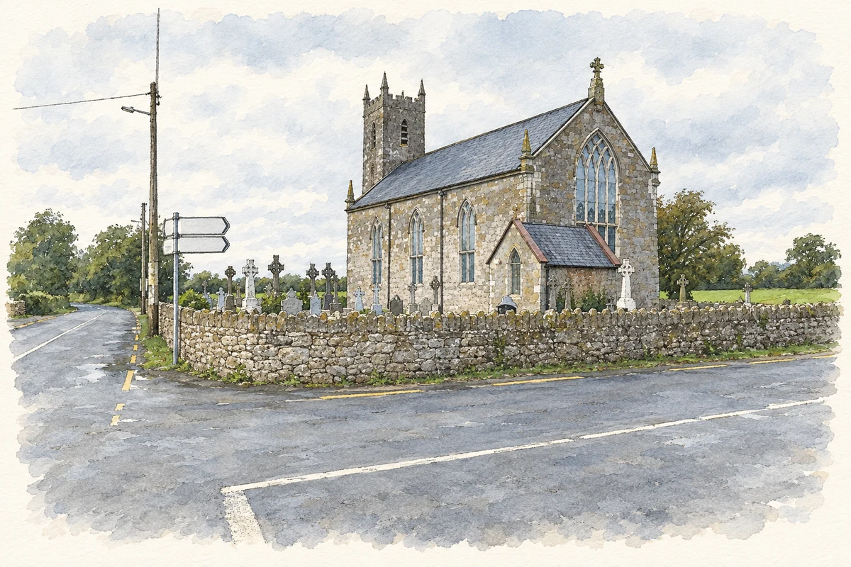 Watercolour and fine ink illustration of Saint Mary’s Church at Meanus, as photographed in October 2013.