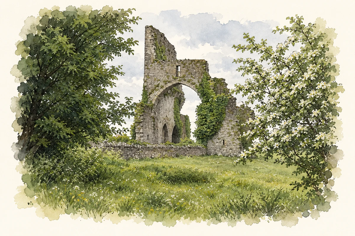 Watercolour and fine ink illustration of Cistercian abbey ruins, Abbeylara, County Longford.